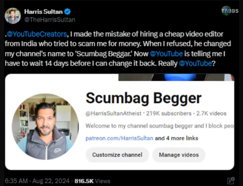 Pakistani YouTuber scammed by Indian man who changed his channel name to ‘Scumbag Begger